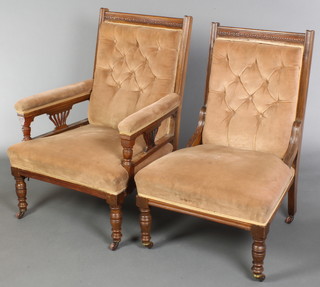 An Edwardian carved walnut armchair upholstered in mushroom coloured Dralon, raised on turned supports together with a matching nursing chair (frames are loose)