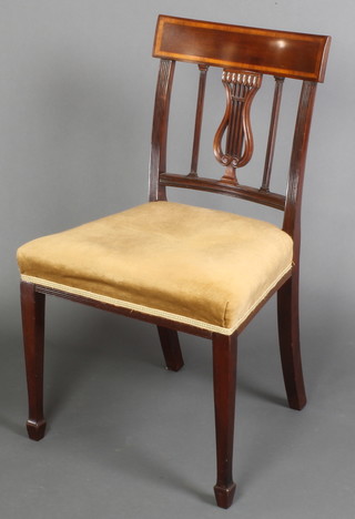 A 19th Century mahogany bar back chair with lyre shaped splat back and over stuffed seat, raised on square tapering supports, spade feet 