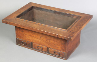 A Chinese rectangular hardwood planter/jardiniere, the base fitted 3 long drawers with iron drop handles 12"h x 29 1/2"w x 20"d 