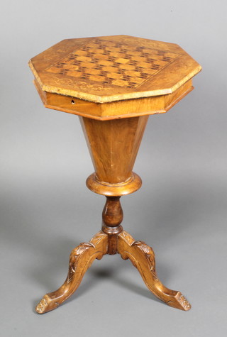 A Victorian inlaid mahogany work table of conical form, the lid inlaid a chessboard, raised on a carved turned column support, 28"h x 17"w x 17 1/2"d 