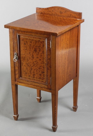 Robson & Sons, a Victorian inlaid mahogany bedside cabinet with raised back enclosed by a panelled door, raised on square tapered supports 32"h x 16"w x 16"d 