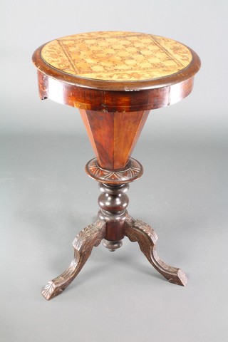 A Victorian inlaid mahogany  work table of conical form, the lid inlaid a chessboard raised on tripod supports 28 1/2"h x 18"diam  