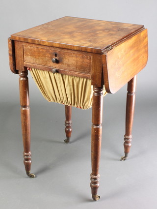 A Victorian mahogany drop flap work table fitted a drawer and deep basket, raised on turned supports 29"h x 18"w x 16" when closed x 30" when open 