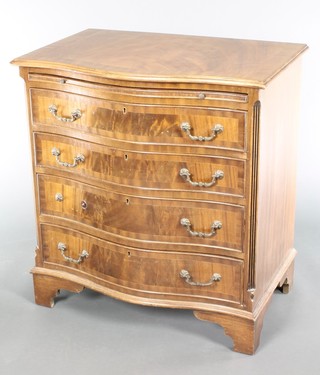 A Georgian style mahogany serpentine fronted chest with crossbanded top, fitted a brushing slide above 4 long graduated drawers and having canted corners, raised on bracket feet 30"h x 28"w x 19"d 