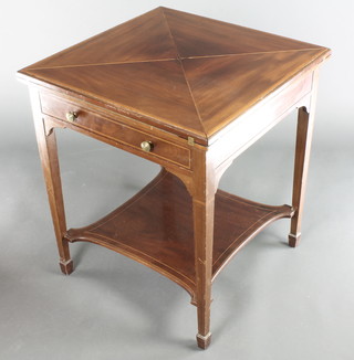 An Edwardian inlaid mahogany envelope card table fitted a drawer, raised on square tapering supports with undertier 29"h x 24"w x 24"d 