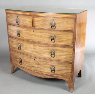 A Georgian mahogany line inlaid bow front chest of 2 short and 3 long drawers with replacement lion mask ring drop handles, raised on splayed bracket feet 41"h x 41"w x 20 1/2"d 