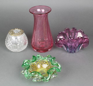 A Gibraltan pink glass tapered vase 9", a Studio bowl, vase and moulded glass ovoid vase 