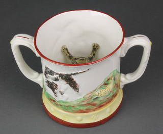 A Victorian Staffordshire style 2 handled mug with hunting dogs and game, the interior with a frog 5 1/2" 