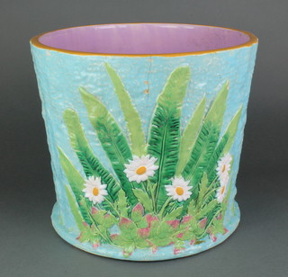 A George Jones Majolica jardiniere, the turquoise ground with dandelions and pink interior, impressed marks and numbered 5210 11" 