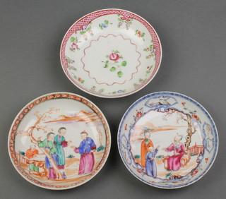 Three 18th Century Chinese export saucers, 2 decorated with figures in extensive landscapes, the 3rd decorated with scrolling flowers