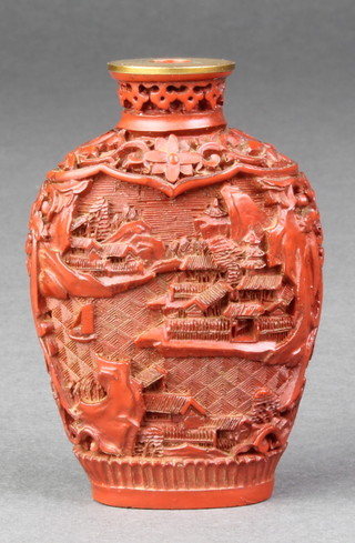 A good 19th Century carved cinnabar lacquer flattened baluster scent bottle decorated with an extensive landscape view with pavilions, seal mark to base 2 3/4" 