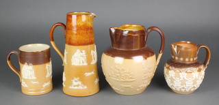 A Doulton Lambeth stoneware jug with floral decoration 6", a ditto mug 5", ditto tapered jug 9" and a baluster jug 8" 