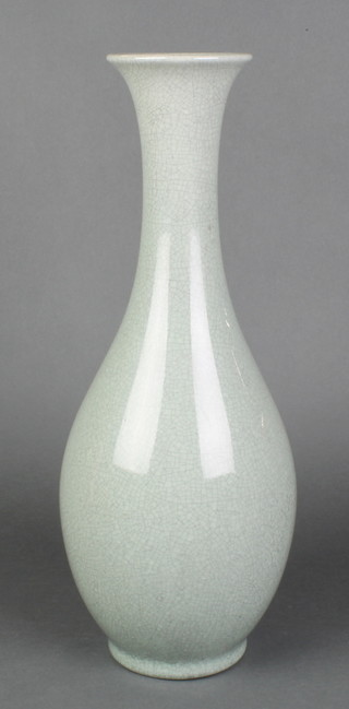 A modern Chinese celadon crackle glaze baluster vase with elongated neck 16"