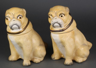 A pair of Victorian style crackle glazed pots in the form of seated pugs 8" 