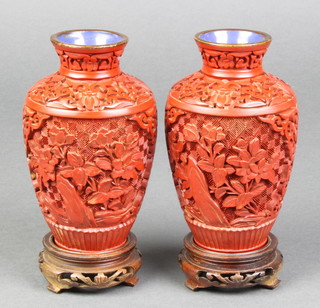 A pair of cinnabar lacquer club shaped vases 5" 