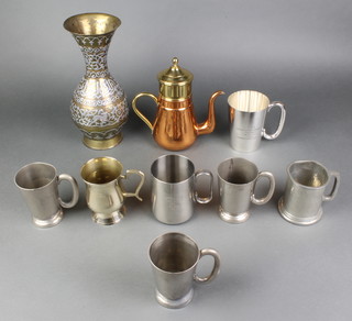 A Persian shaped vase decorated a running deer 11", 5 pewter tankards, 2 silver plated tankards 
