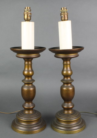 A pair of 17th Century style table lights in the form of bronze candlesticks 15" 