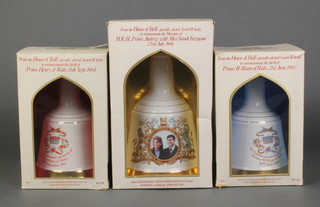 A 40cl Wade decanter of Bells to commemorate the birth of Prince William 21 June 1982, ditto Prince Harry 1984, a 75cl Wade decanter of Bells whisky to commemorate the wedding of Prince Andrew and Sarah Ferguson 1986 