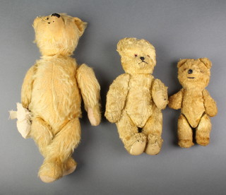 3 yellow teddybears with articulated limbs 12" (paw f and r), 8 1/2" and 6" 