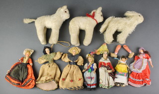 2 Chad Valley figures of lambs, 1 other and a collection of various costume dolls
