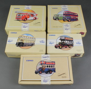 6 Corgi limited edition commercial vehicles including fire engine 97385, 2 omnibuses 97077, 3 further omnibuses 96985, 97201 and 96986
