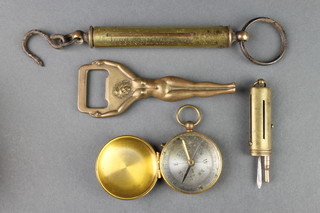 A bronze Crown Cork bottle opener in the form of a standing naked lady 4", a French brass and silvered compass, a Salter 30lb spring balance and brass cased telescopic propelling pencil (f)