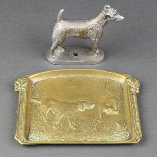 A car mascot in the form of a standing Terrier 3" together with a brass pin tray decorated setters 4 1/2" x 4" 