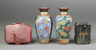 A pair of Japanese cloisonne enamelled vases 4" (damaged and dented), a Bakelite box decorated a girl and a goose the base marked DRGM (damage to hinge) and a lacquered box