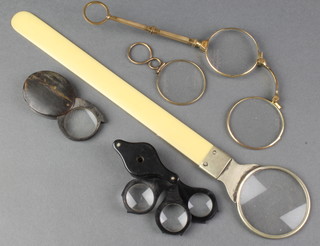 A pair of gilt metal lorgnettes, 3 eye glasses, a letter opener inset a magnifying glass