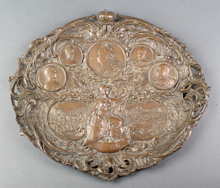 A Victorian oval pressed metal plaque decorated a portrait bust of Queen Victoria, Edward, Alexandra, George and Mary and royal residences to commemorate the 1897 Diamond Jubilee 10" x 12"  