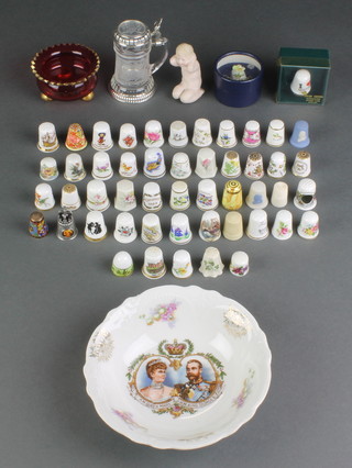 A 20th Century glass plated mounted miniature stein 3", minor thimbles and china 