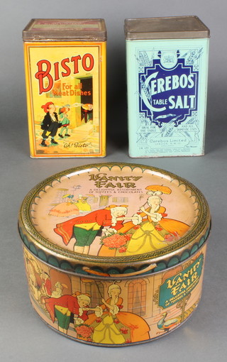 A rectangular Bisto tin 10"h x 6" x 6" and a Cerebos table salt tin 10" x 6" x 6" together with a circular Vanity Fair Chocolate & Toffee tin 9"d x 5"h