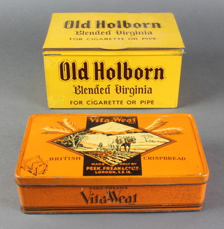 A Vita-Weat tin 2"x 9" x 5" and an Old Holborn blended Virginia tobacco tin 4 1/2" x 8 1/2" x 6" 