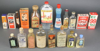 A 1930's bottle of Parlorine paint wash, a bottle of The Children's Health Preserve Edgar's Lotion, a bottle of  Golden Eye Lotion, a bottle of Sterilized horse hair ligatures, a bottle of Scotts Emulsion, a bottle of Larg & Sons Liquid Glass, a bottle of "Saturday Night" lotion and  7 other bottles, an Ipso soap carton, a Curly Top carton and 2 packets of tea and a bottle of New Ajax Window Cleaner (some empty)  