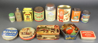 A tin of Fowlers West Indian treacle, an oval tin of Fry's milk chocolate hazelnuts, a tin of Betterware Juvenator fluid, a tin of Ronuk floor polish, a Thorntons toffee tin, a Churchmans Special Blend tobacco tin, a Sharps All Day assortment tin, 4 other tins and 2 bottles 