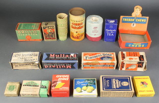 A self setting mouse trap boxed, an economy sized Brillo cleanser boxed, a Mullard PZ30 valve boxed, a carton of Fortress soap and contents, a Rowntrees shop display box, a Rowntrees fruit gum carton, a Rowntrees table jelly carton, a tin of Holloway's ointment boxed, a Cryselco light bulb box, a Paterson's Girdle oat cakes canister, a packet of tea, 4 cartons etc 