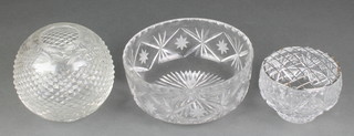 A spherical glass vase 6", a ditto rose bowl and a fruit bowl 