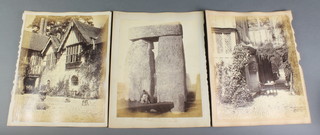 S Thompson, 2 early black and white photographs of a courtyard 11" x 9" and 1 other early black and white photograph of a reclining shepherd by Stonehenge 10" x 8 1/2" 