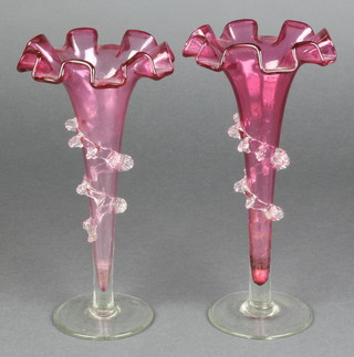A pair of Victorian cranberry glass wavy necked vases 8" 