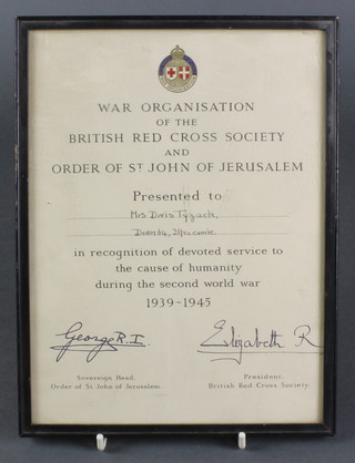 A Second World War, War Organisation British Red Cross and St John's Ambulance certificate 10" x 7 1/2" 