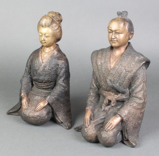 A pair of Japanese bronze figures of seated ladies and gentleman 10" 