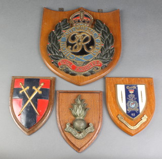 A George VI cast metal Royal Engineers wall plaque 12", 1 other wall plaque cast a Royal Engineers grenade 7" and a 21st Army Division wall plaque and a 42 Royal Marine Commando wall plaque 