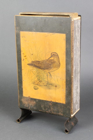 A large metal match box decorated a snipe 15"h x 8"w x 3"d  