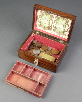 A Victorian rectangular rosewood trinket box with hinged lid and a small collection of British coins 3"h x 7"w x 5"d 