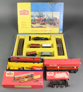 A Hornby Dublo no.2016 2-6-2 tank goods set boxed (some damage to box), a ditto 22060-6-2 tank locomotive boxed, ditto 4053 corridor coach boxed, part 2400T.P.O. mail van set boxed, 