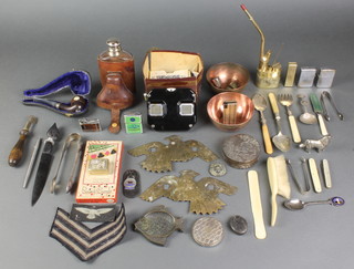 A Viewmaster, 2 Indian copper bowls 4", a faceted glass flask and other curios 