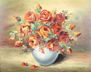 Sandri, oil on canvas, signed, still life study a vase of roses 15" x 19" 