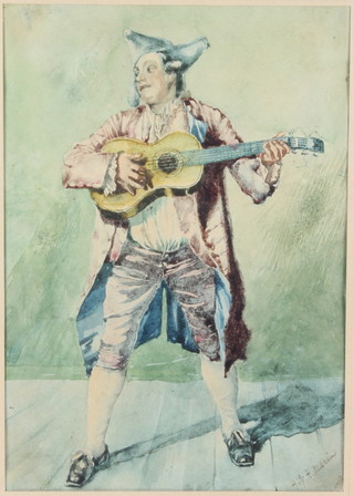 H J H Marin, watercolour, signed, study of a guitar player  9" x 6 1/2" 