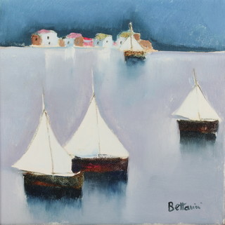 Bettani, oil on canvas, study of boats before an island, signed 12 1/2" x 11 1/2" 