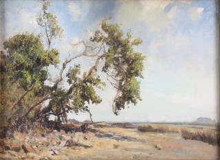 Frank Le Manuel, oil, signed, extensive landscape with distant island 10" x 13" 